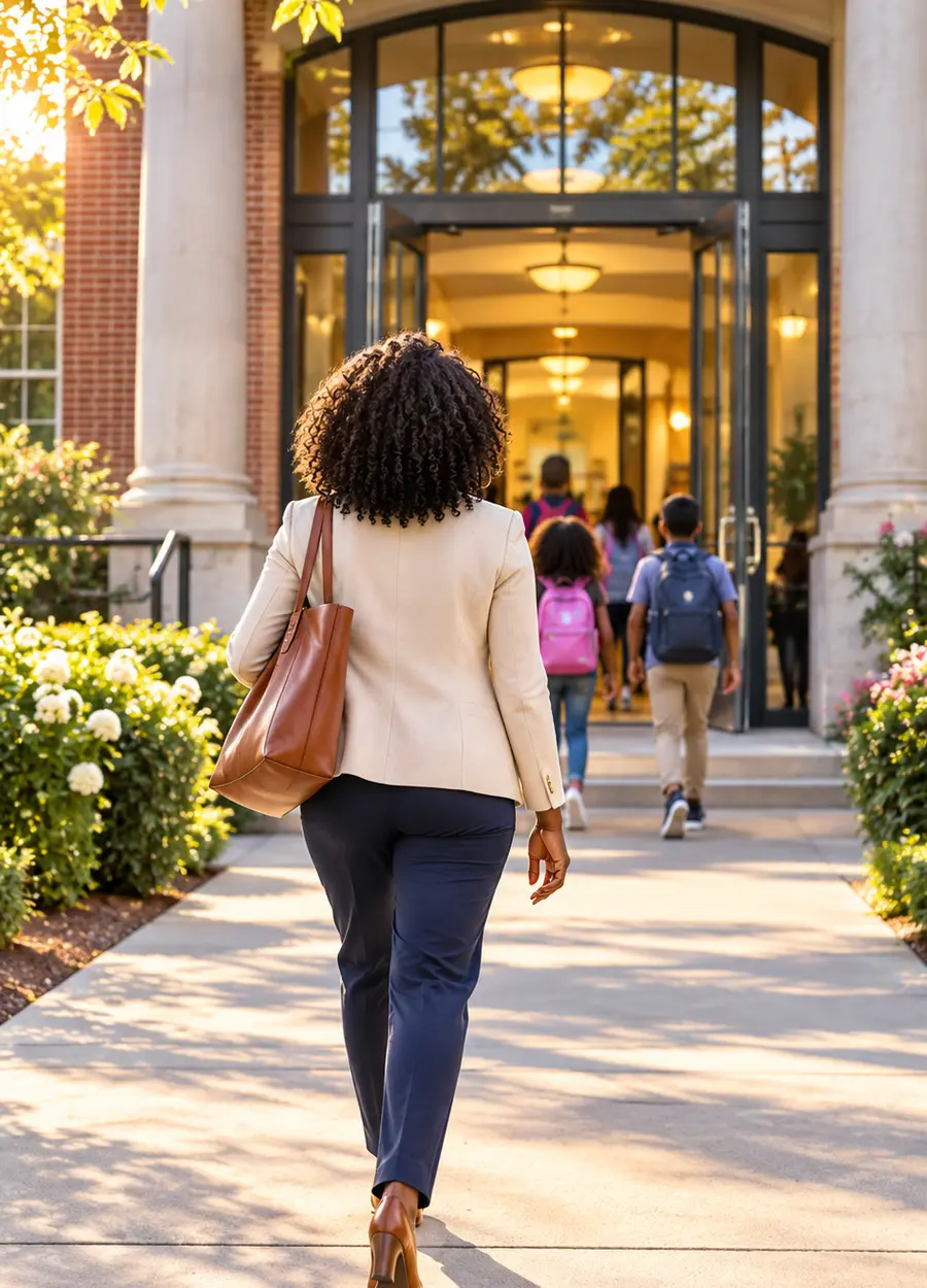 An educator or parent walking toward a welcoming school entrance