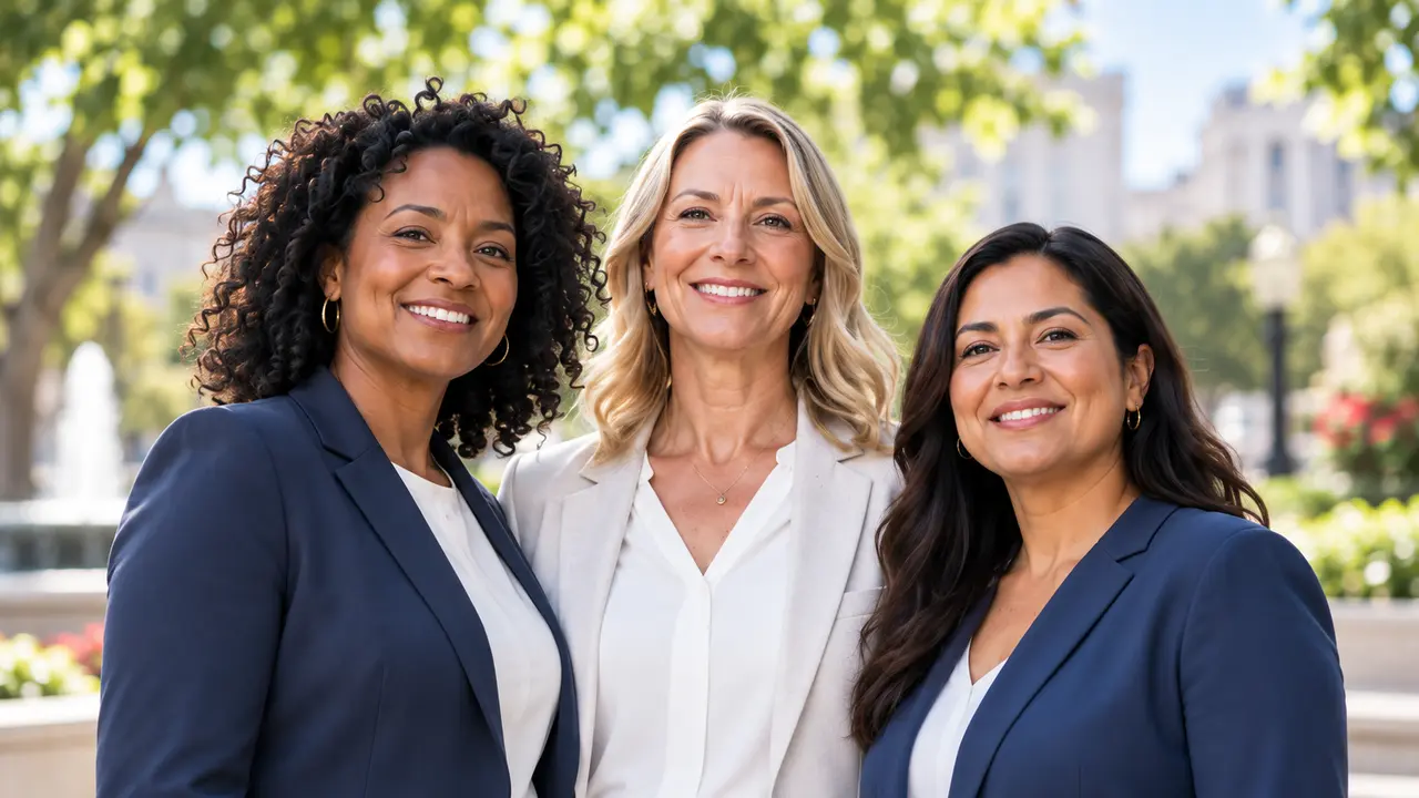 A Black woman, White woman, and Latina woman standing together as community leaders